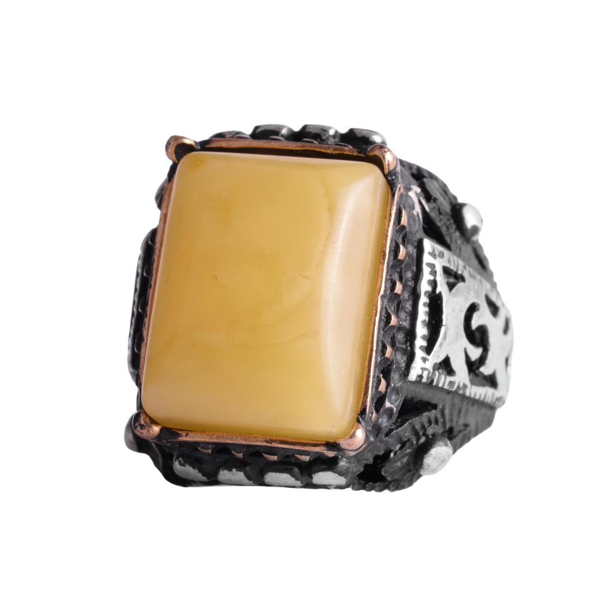KAMBO Natural Amber Stone Men's Ring 925 Sterling Silver – Rectangular Stone Handmade Vintage Statement Ring