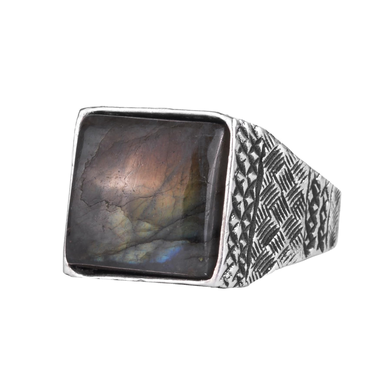 KAMBO Natural Stone Men's Ring 925 Sterling Silver Square Stone Handmade Statement Ring Unique Masculine Jewelry (Labradorite)