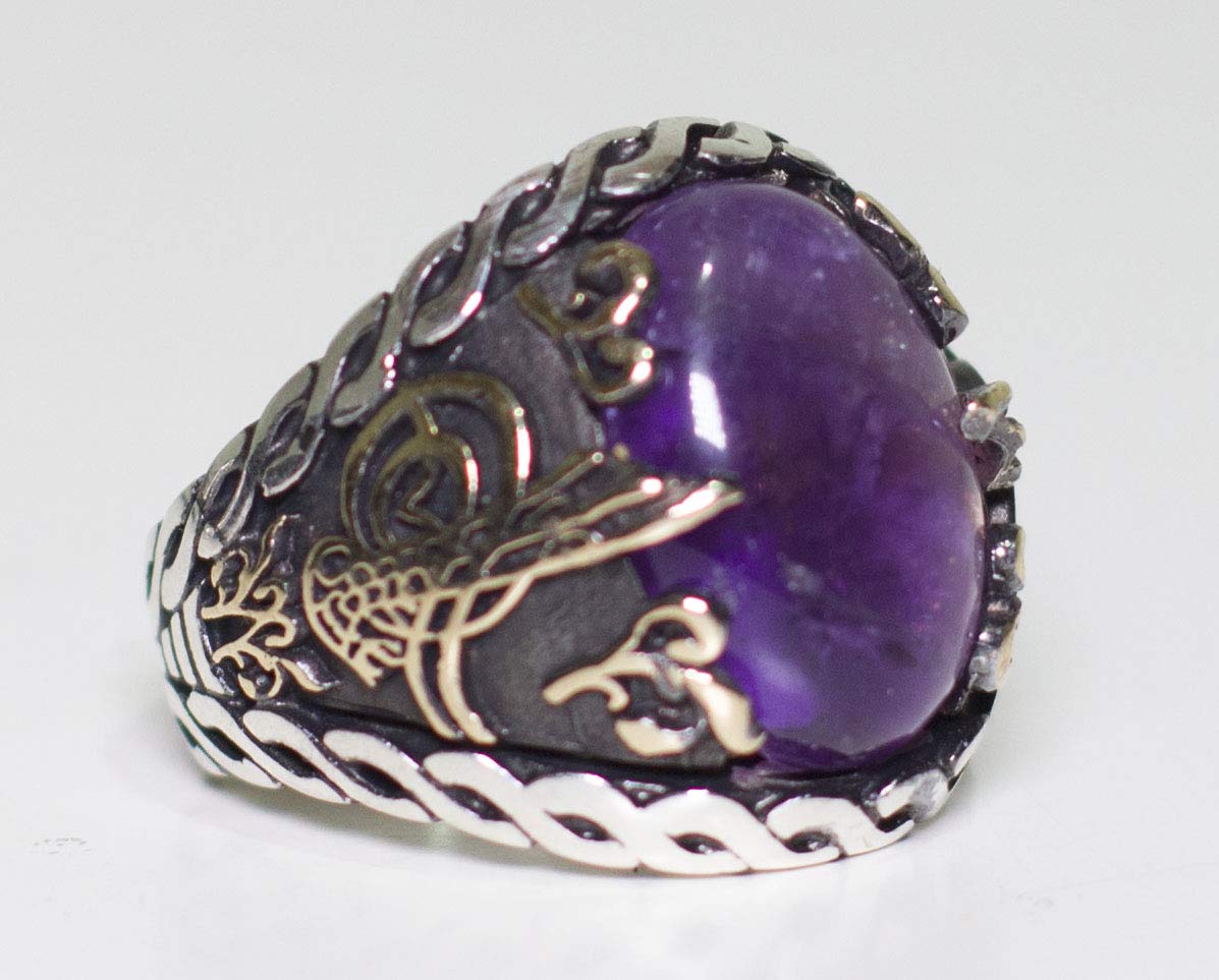 KAMBO 925 Sterling Silver Men's Ring with Natural Amethyst Stone, Handmade Ottoman Tughra Design, Vintage Statement Jewe