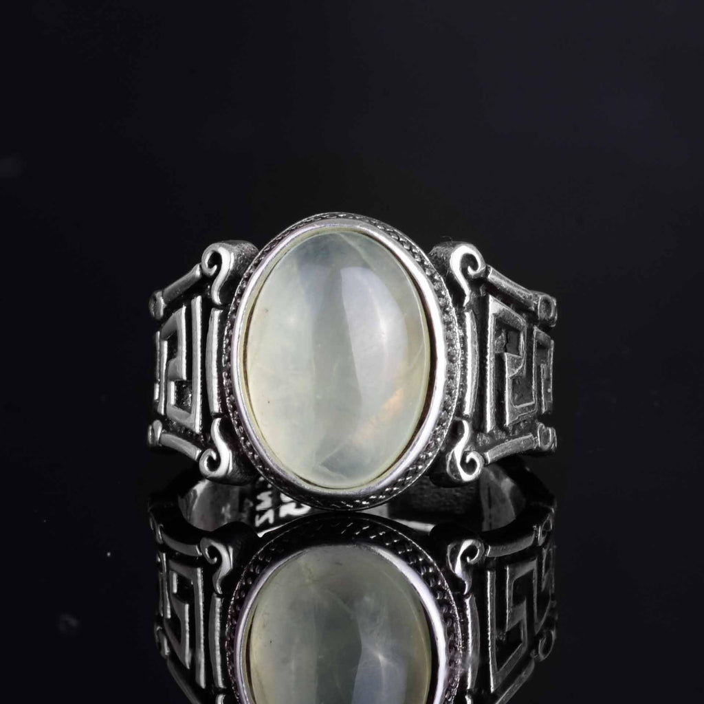KAMBO 925 Sterling Silver Natural Stone Men's Ring – Labyrinth Pattern Handmade Vintage Statement Ring (Prehnite) — 4