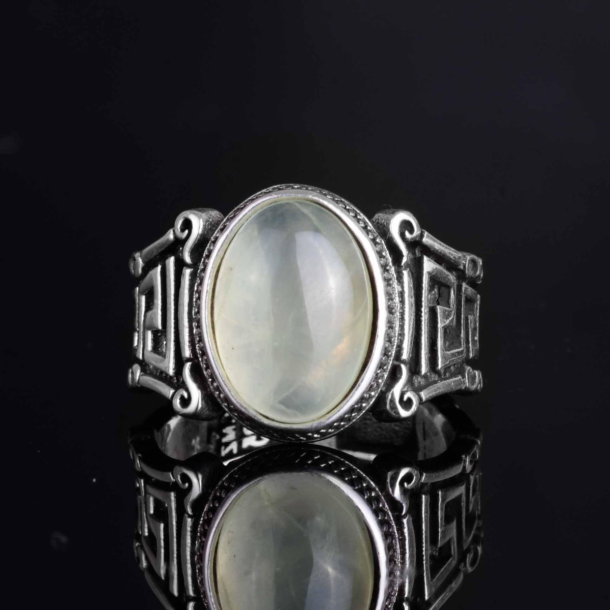 KAMBO 925 Sterling Silver Natural Stone Men's Ring – Labyrinth Pattern Handmade Vintage Statement Ring (Prehnite) — 4