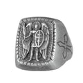KAMBO 925 Sterling Silver Men's Archangel Michael Ring – Protective Angel with Sword and Cross Shield – Handmade Religious Protection Jewelry