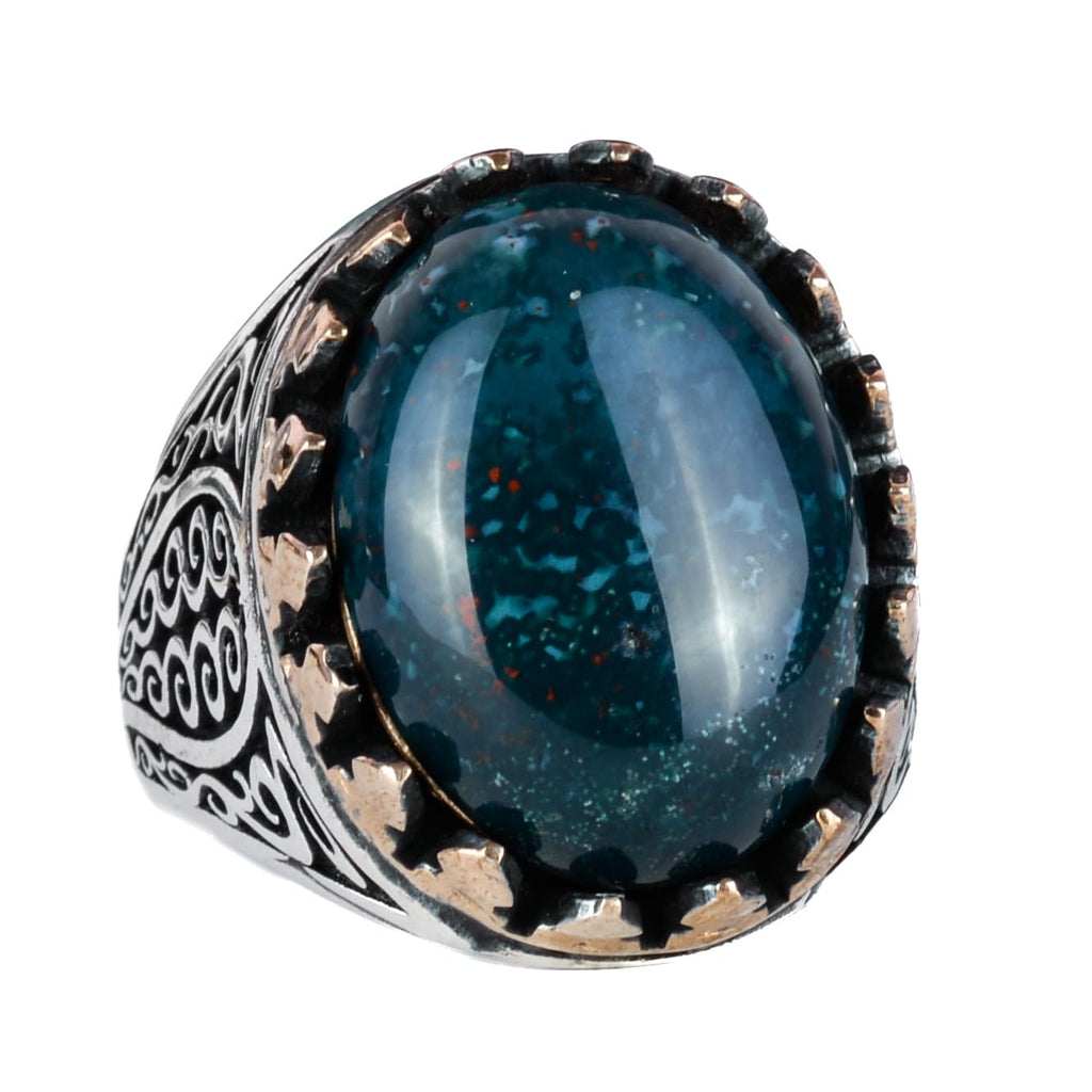 925 Sterling Silver Men's Ring - Handcrafted Elegance with Natural Green Blood Stone (Model-2)