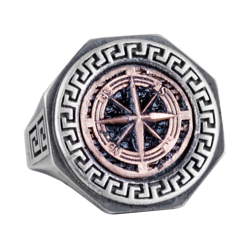 925 Sterling Silver Ring - Greek Key Design Men's Ring - Handmade Ring (Compass)