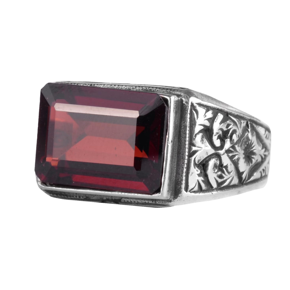 KAMBO Natural Garnet Stone Men's Ring 925 Sterling Silver Rectangular Garnet Ring Handmade Vintage Style Statement Jewelry