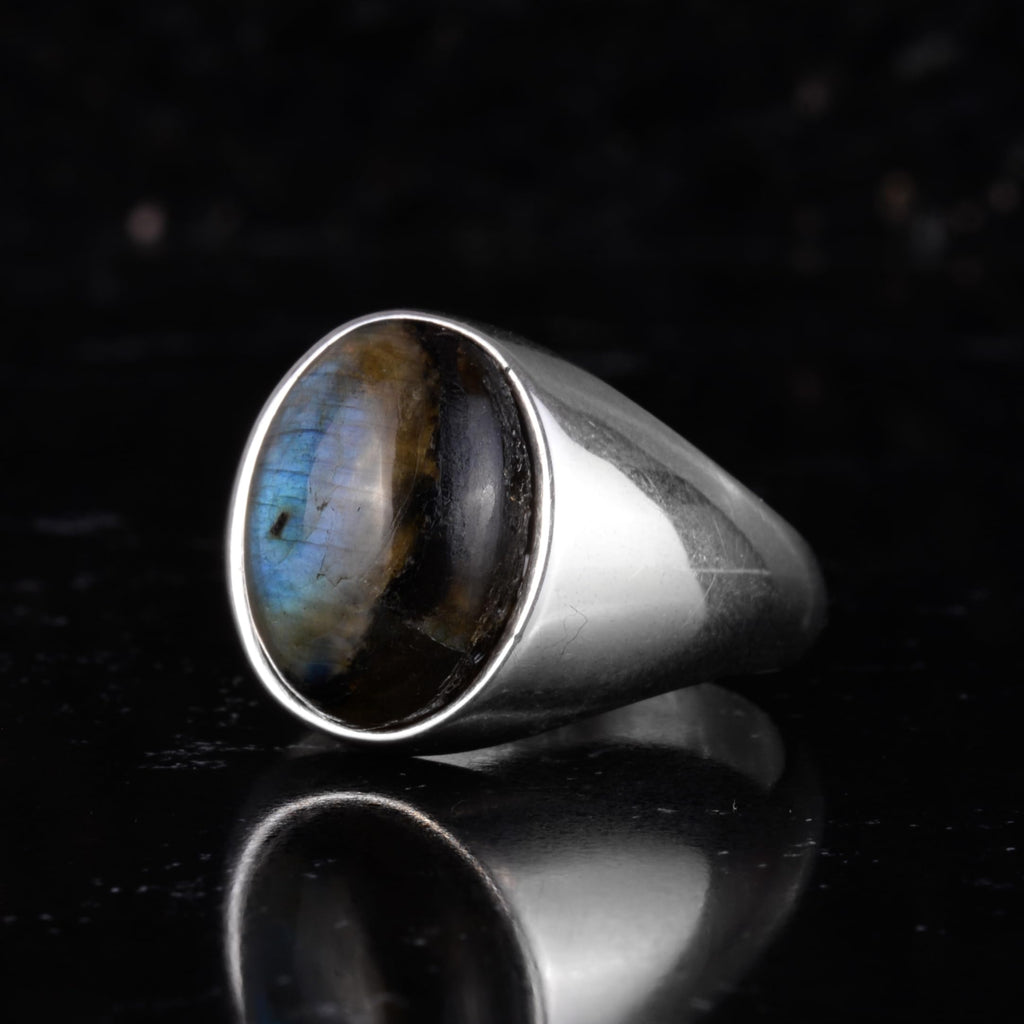 KAMBO Natural Men's Ring – 925 Sterling Silver Minimalist Oval Stone Ring – Handmade Classic Statement Jewelry (Labradorite) — 5
