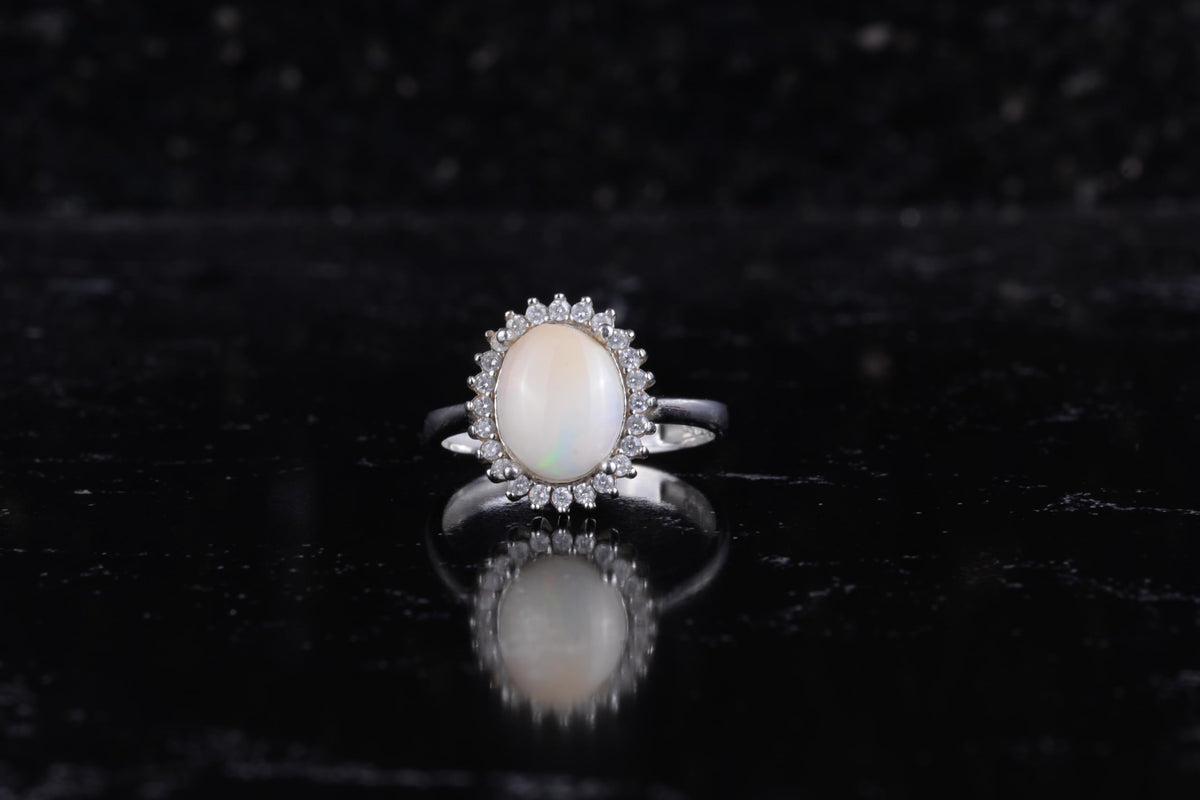 KAMBO Natural Opal Stone Women's Ring 925 Sterling Silver Oval Opal Halo Ring Elegant Handmade Jewelry — 4