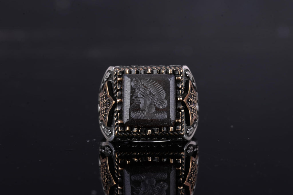 KAMBO Natural Agate Stone Men's Ring – 925 Sterling Silver Star Side Designed Square Motif Ring (Warrior) — 4