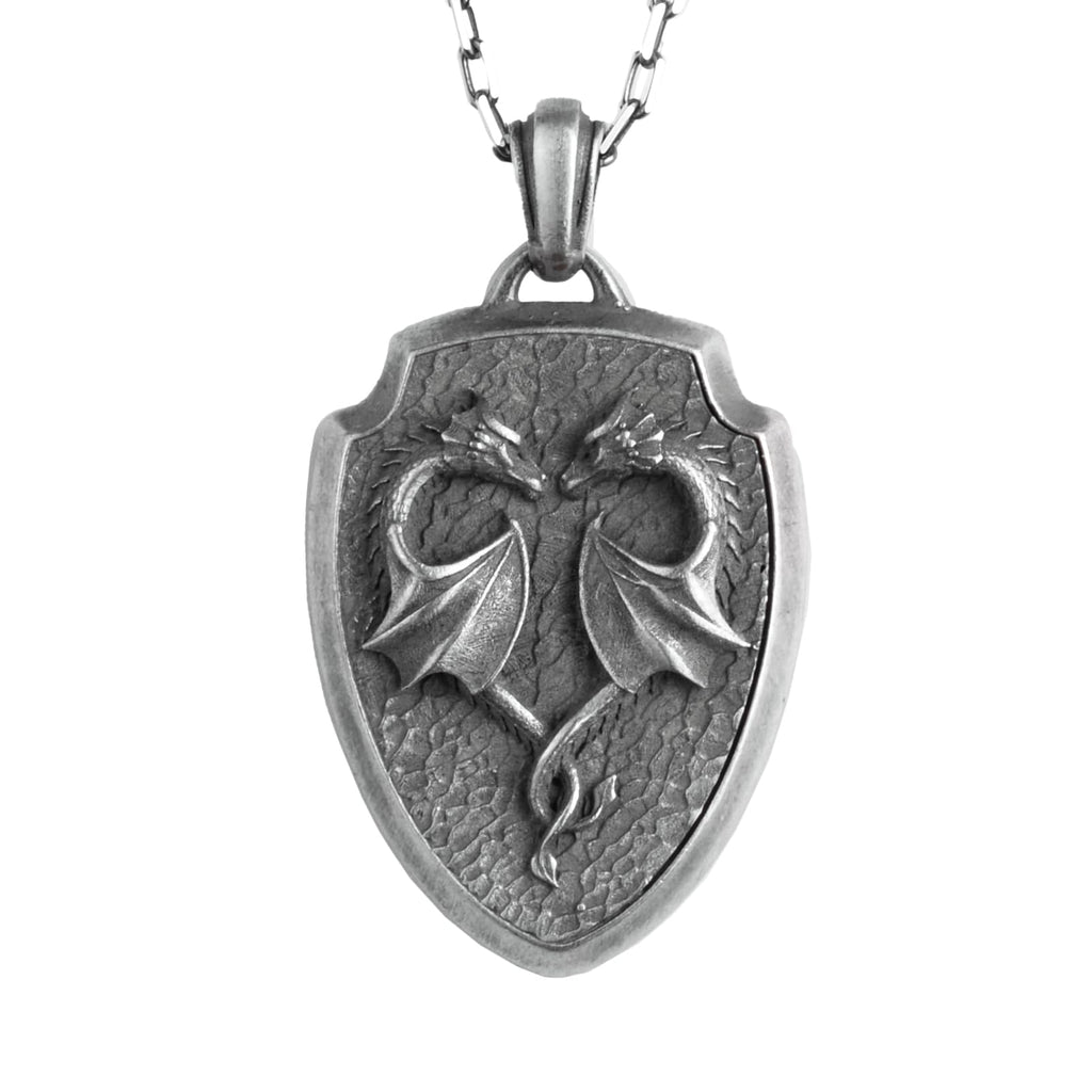 KAMBO Men's 925 Sterling Silver Double Dragon Necklace – Chain Handmade Legendary Shield Design Necklace (Silver)