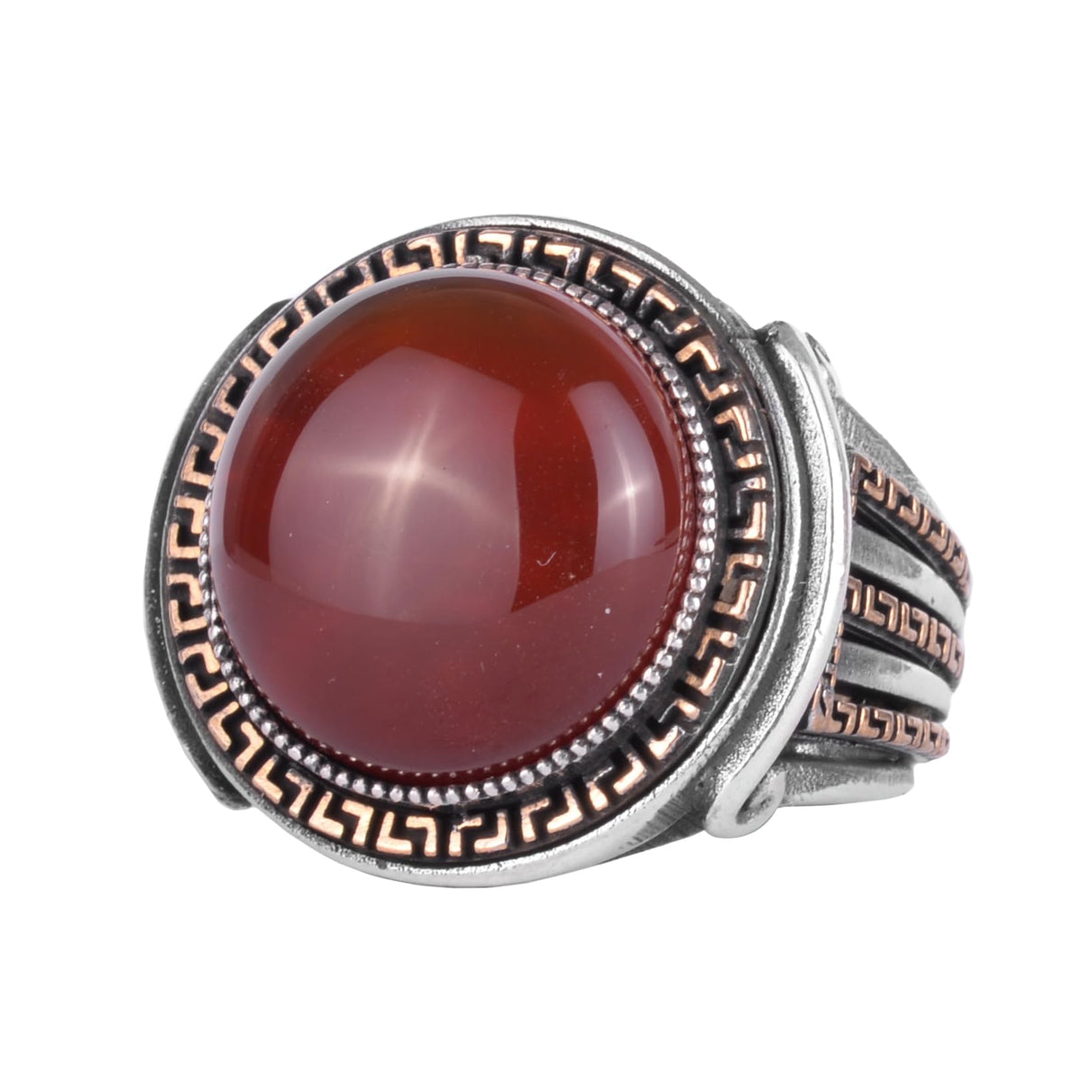 KAMBO Stone Round Men's Ring 925 Sterling Silver – Cabochon Handmade Vintage Greek Pattern Statement Ring (Red Agate)