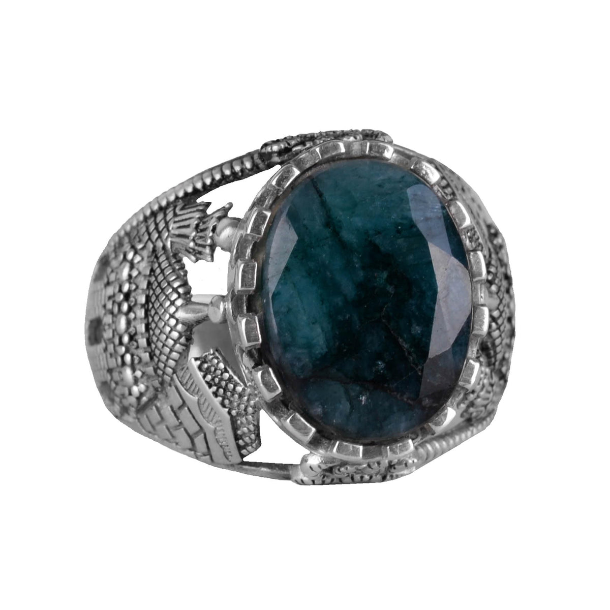 Natural Emerald Stone Ring, 925 Sterling Silver Men's Islamic Ring