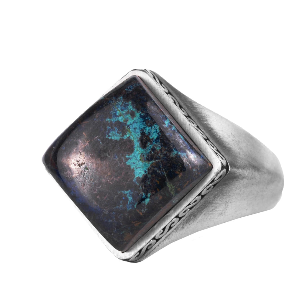 KAMBO Natural Stone Men's Ring 925 Sterling Silver – Square Cut Stone Handmade Minimalist Statement Ring (Pietersite)