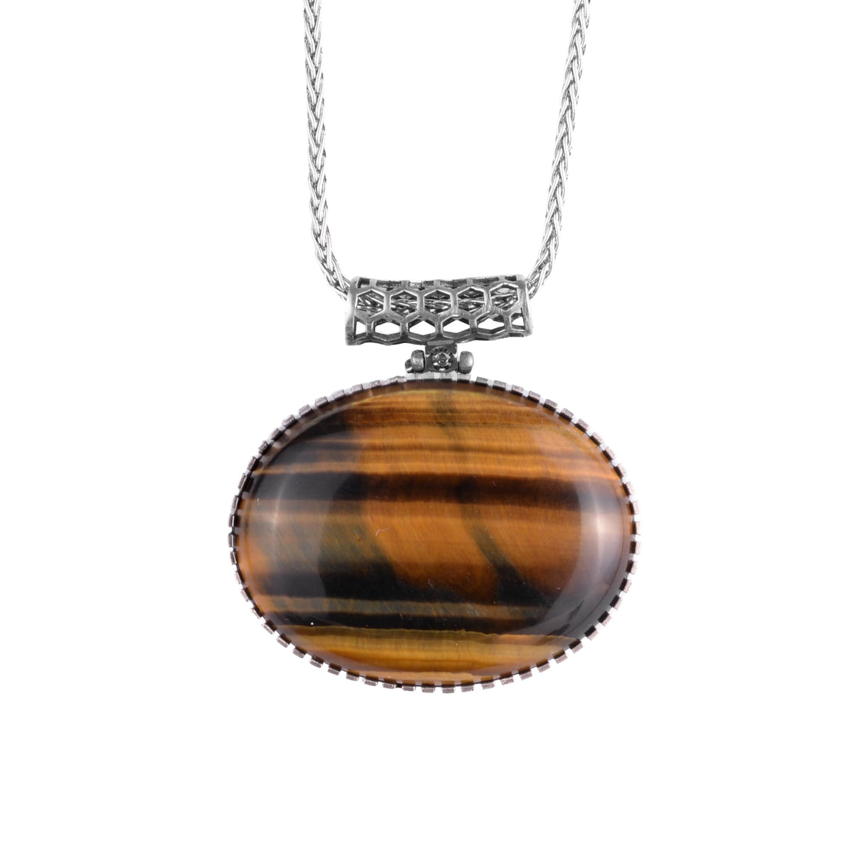KAMBO Natural Stone Horizontal Large Men's Chain Necklace 925 Sterling Silver – Oval Stone Necklace (Tiger's Eye)