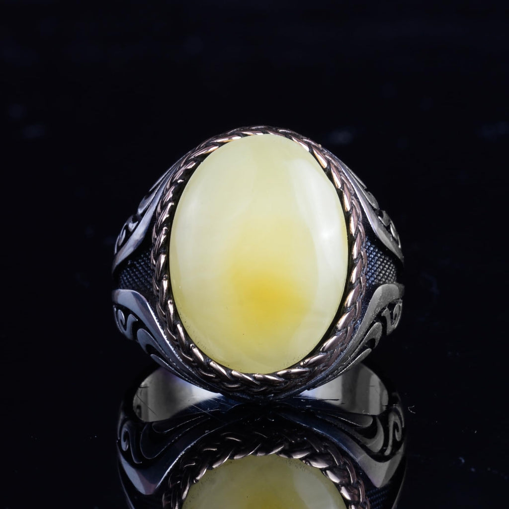 KAMBO Men's Natural Baltic Amber Stone Ring – 925 Sterling Silver Handmade Statement Ring – Authentic Amber Jewelry with Ottoman Style Details (Style-15) — 4