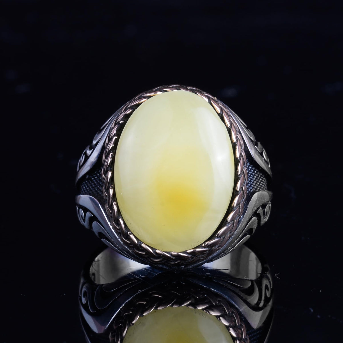 KAMBO Men's Natural Baltic Amber Stone Ring – 925 Sterling Silver Handmade Statement Ring – Authentic Amber Jewelry with Ottoman Style Details (Style-15) — 4