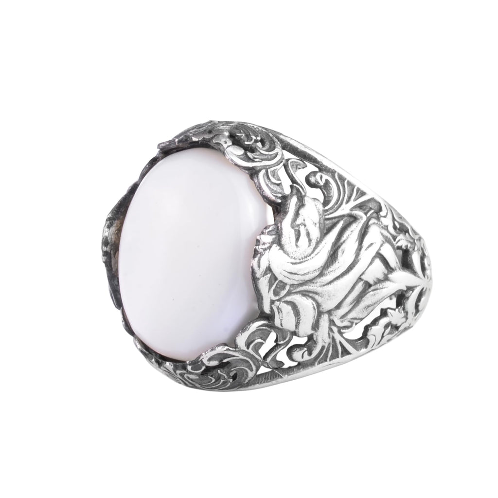 KAMBO Natural Stone Men's Ring 925 Sterling Silver - Large Flower Engraved Statement Ring - Handmade Vintage Ring for Men (Pearl-1)