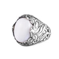KAMBO Natural Stone Men's Ring 925 Sterling Silver - Large Flower Engraved Statement Ring - Handmade Vintage Ring for Men (Pearl-1)