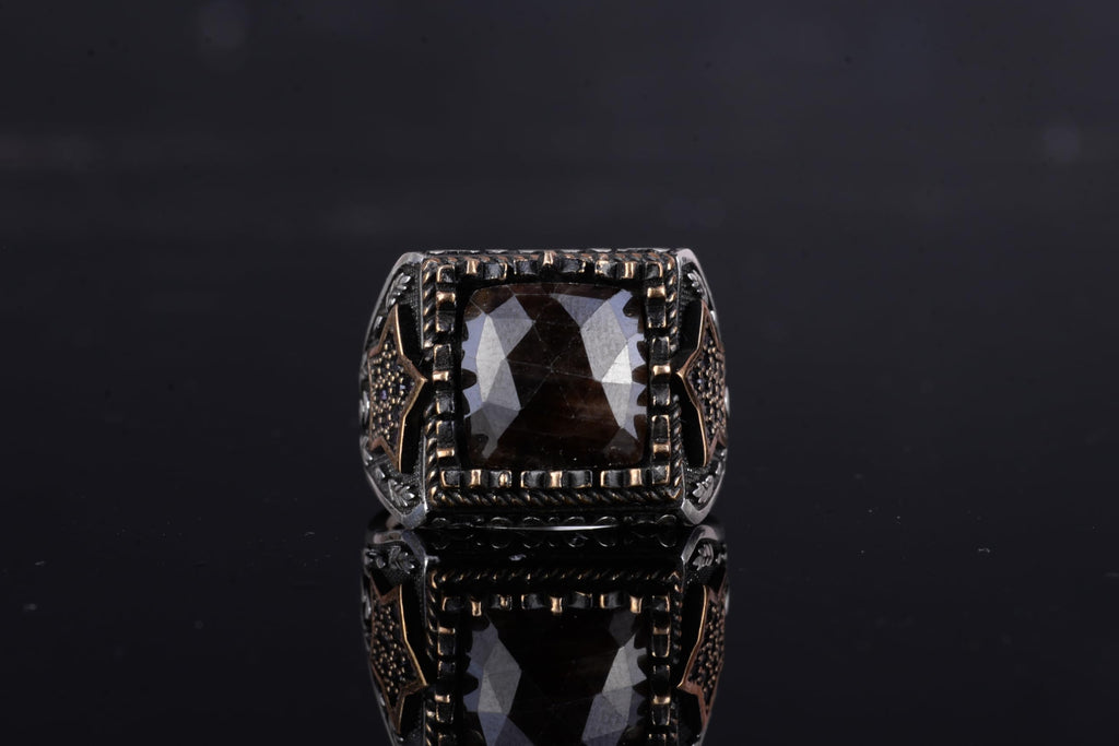 KAMBO Natural Stone Men's Ring – Star Motif 925 Sterling Silver Square Cut Ring (Sapphire) — 4