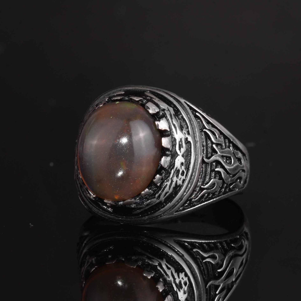 KAMBO Natural Opal 925 Sterling Silver Men's Ring – Fire-Inspired Side Design Handmade Statement Ring (Style-5) — 5