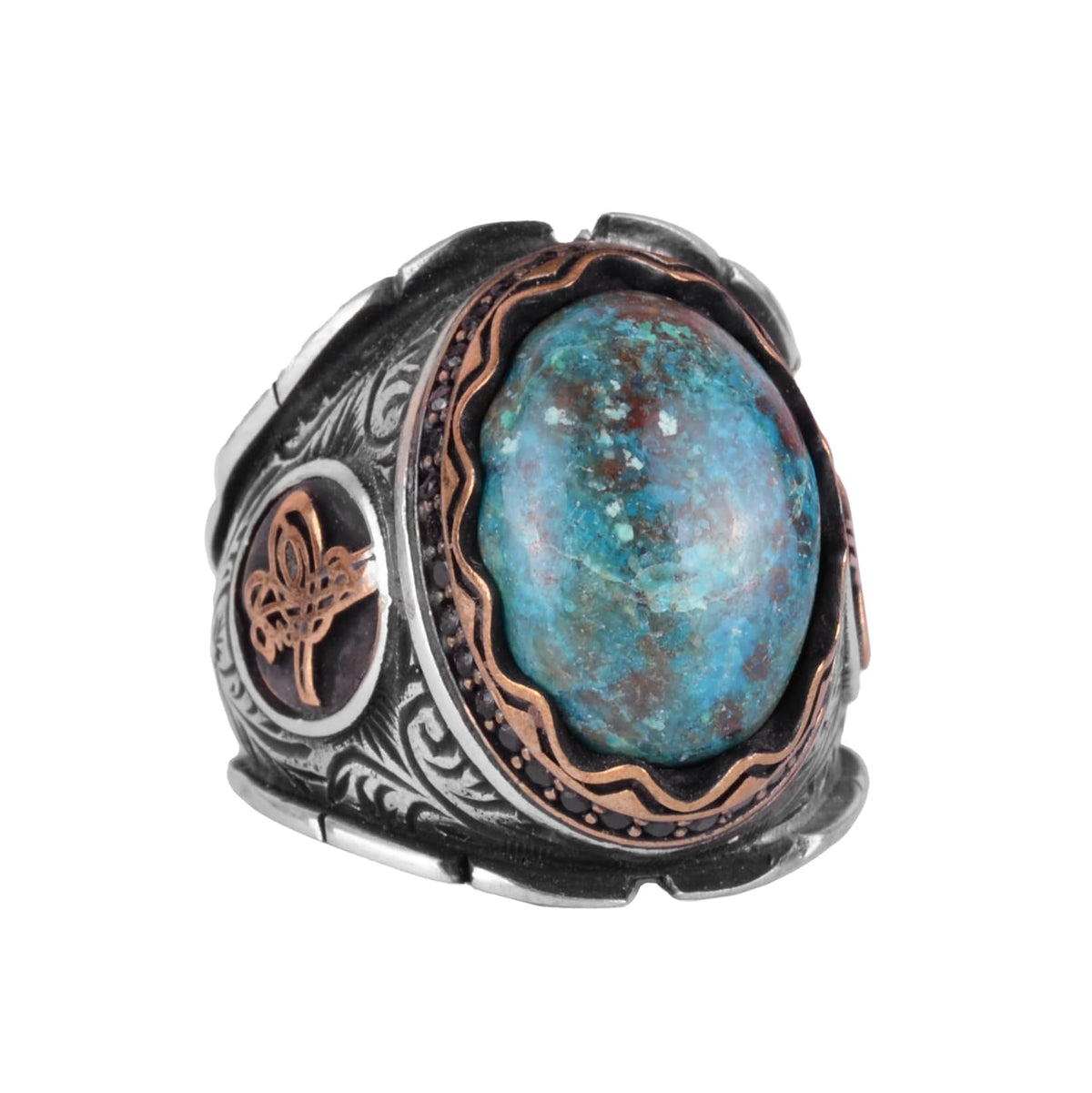 Natural Krysokolla Stone Ring - Ottoman Tugra Silver Ring