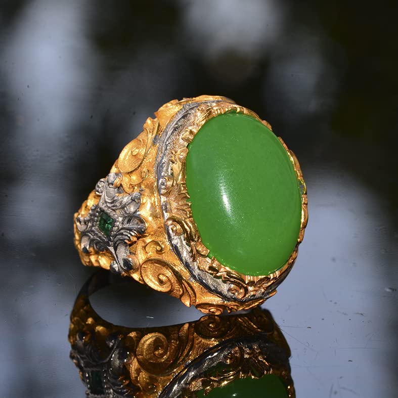 Natural Jade Stone Ring, 925 Sterling Silver, Men's Ring — 4