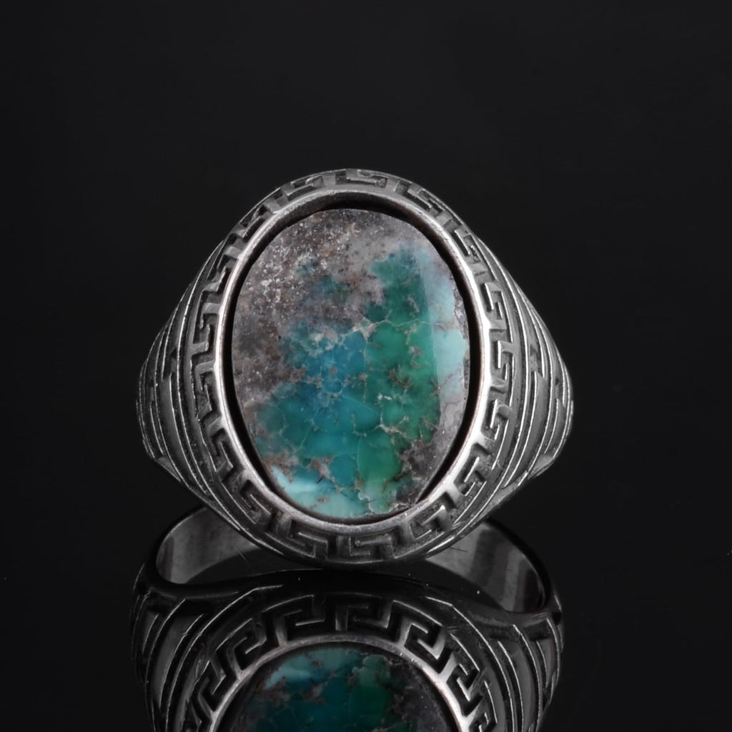KAMBO Men's Natural Turquoise Stone Ring – 925 Sterling Silver Ring with Maze Side Designs – Handmade Minimalist Descriptive Jewelry (Style-7) — 4