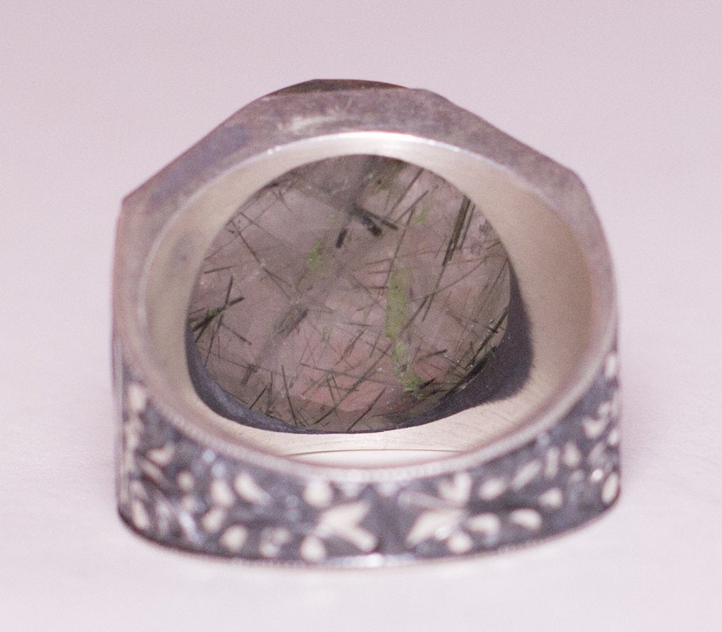 KAMBO Handmade 925 Sterling Silver Ring with Natural Quartz Rutilated Gemstone, Double Headed Eagle Design, Vintage Stat