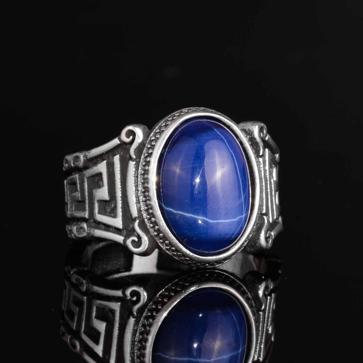 KAMBO 925 Sterling Silver Natural Stone Men's Ring – Labyrinth Pattern Handmade Vintage Statement Ring (Star Sapphire) — 6
