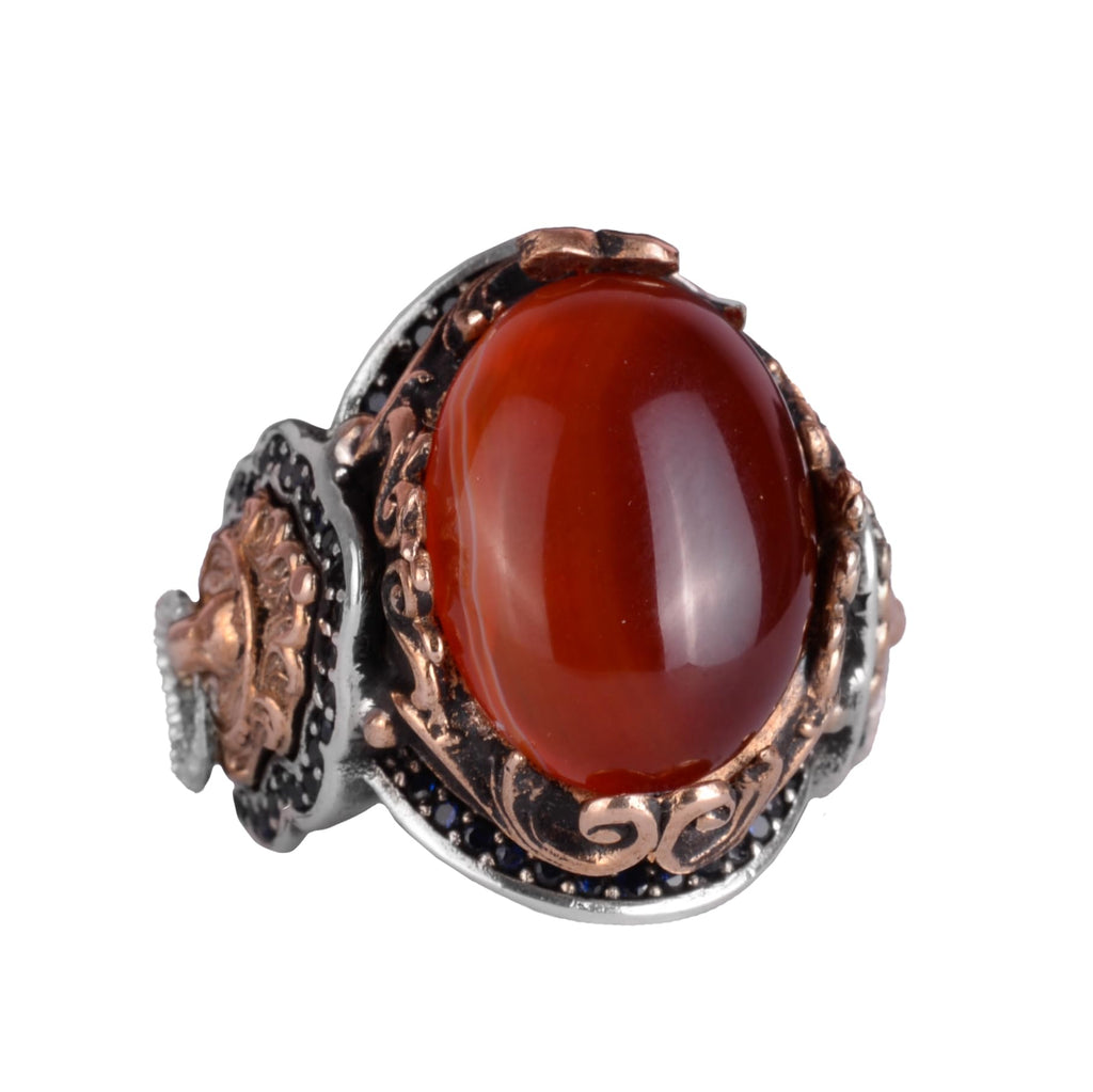 Natural Red Agate Stone Ring - 925 Sterling Silver Men's Ring