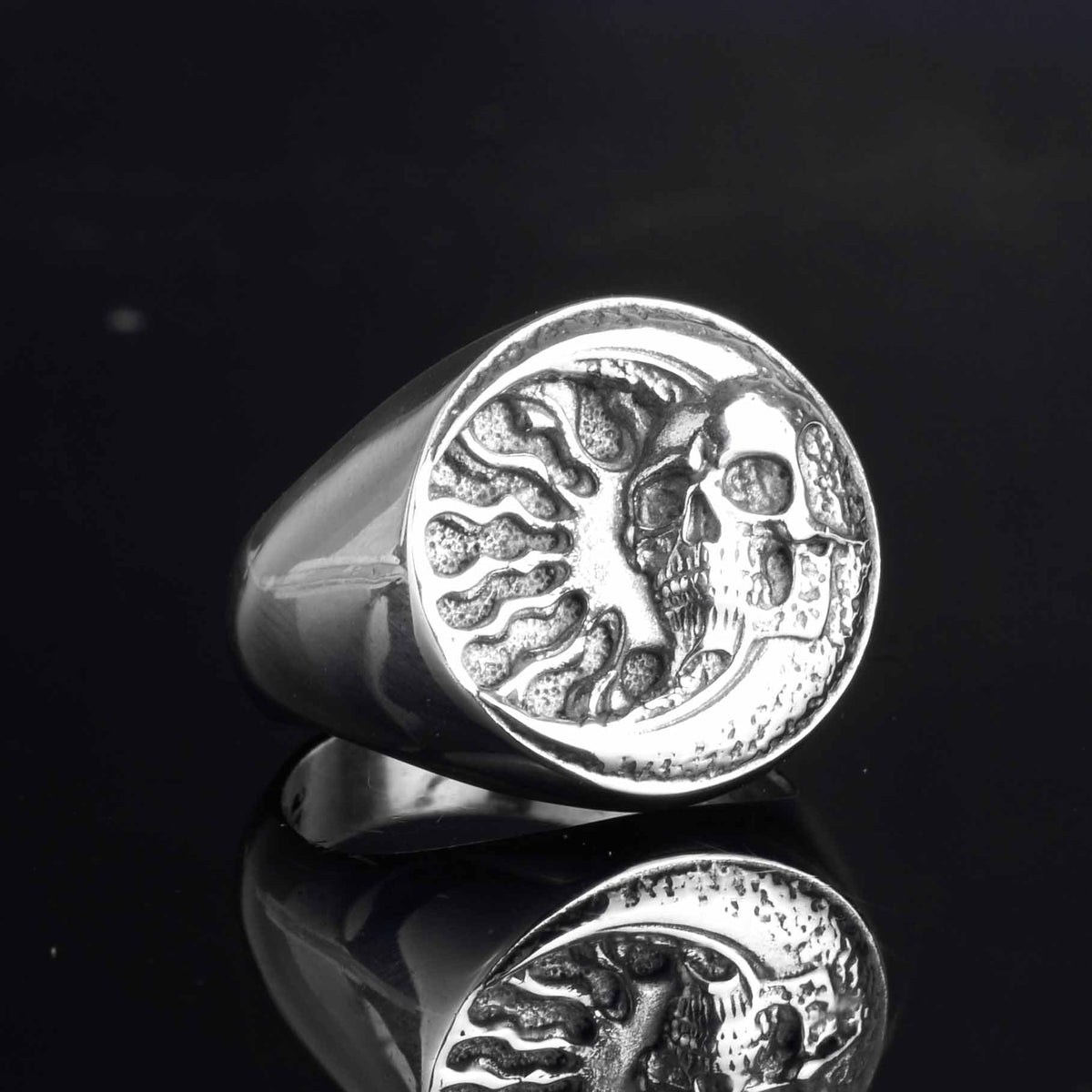 KAMBO 925 Sterling Silver Skull Ring for Men – Sun and Skull Fusion Seal Ring – Handmade Gothic Statement Jewelry — 6