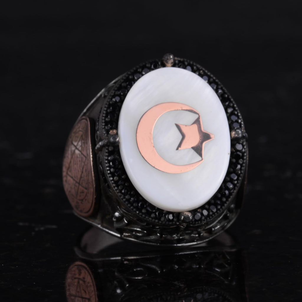 Handcrafted Patterned Ring - 925 Sterling Silver Men's Ring - Star and Crescent — 5