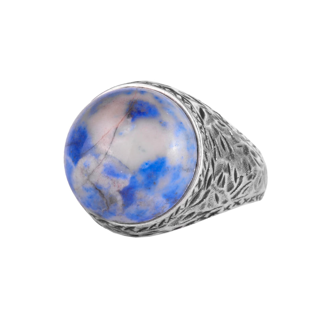 KAMBO Natural Stone Men's Ring 925 Sterling Silver Round Cabochon Handmade Statement Ring Stone (Sodalite)