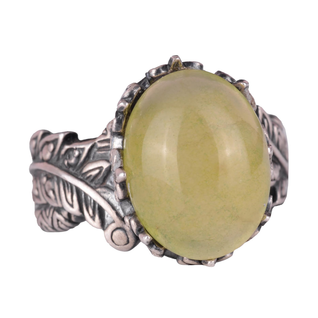 Silver Women's Ring with Natural Prehnite Jade Stone, Vintage Bohemian Design