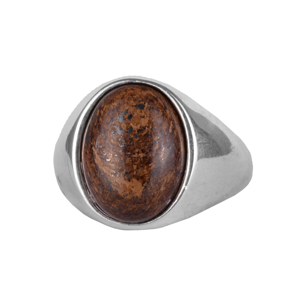 KAMBO Natural Men's Ring – 925 Sterling Silver Minimalist Oval Stone Ring – Handmade Classic Statement Jewelry (Bronzite)