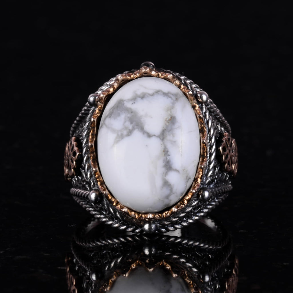Natural Howlite Stone Ring, 925 Sterling Silver Men's Ring — 5