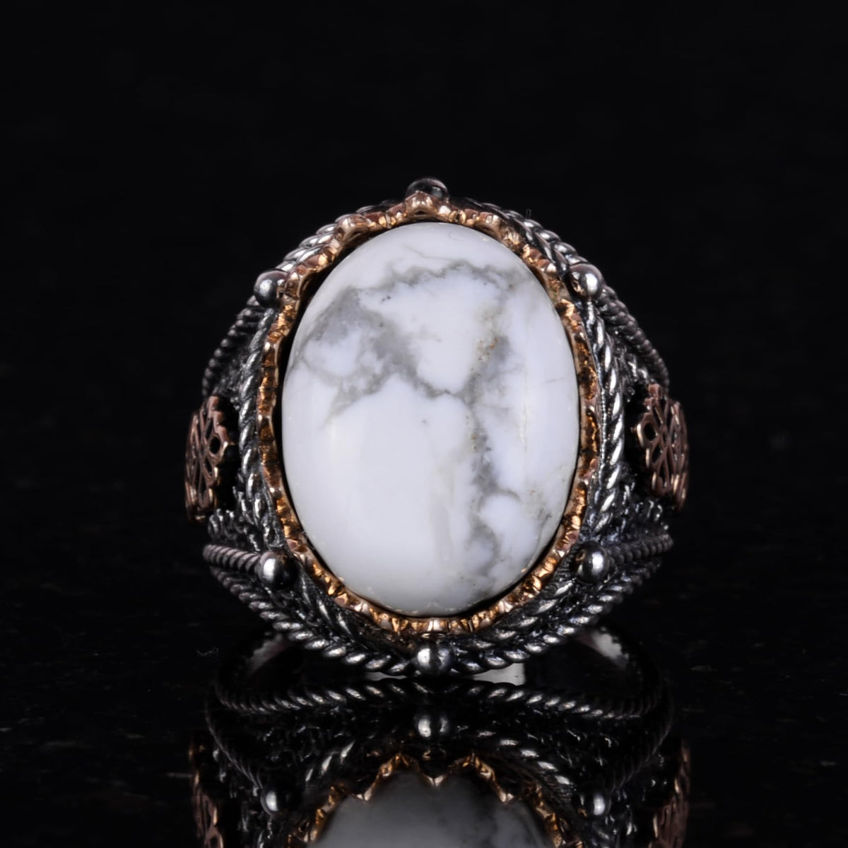 Natural Howlite Stone Ring, 925 Sterling Silver Men's Ring — 5