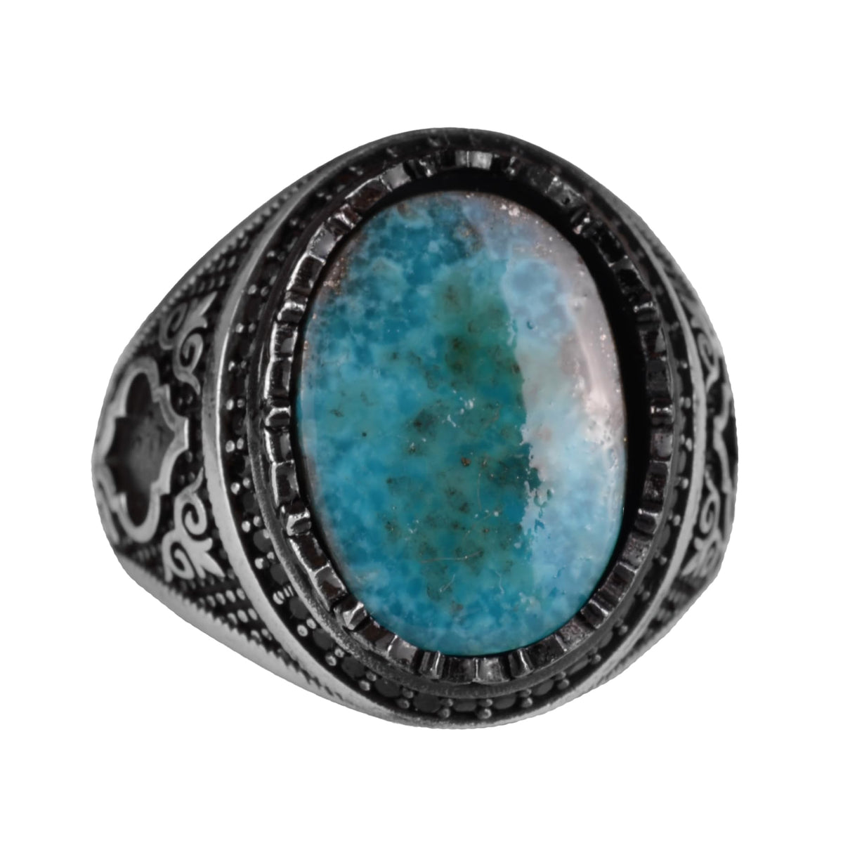 KAMBO Natural Turquoise Stone 925 Sterling Silver Men's Ring - Seljuk Figure Pattern Vintage Statement Jewelry (Style-3)
