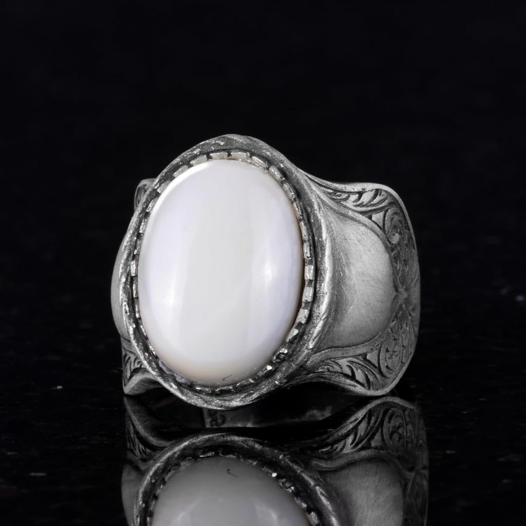 Natural Mother of Pearl Stone Ring, 925 Sterling Silver Men's Ring — 5