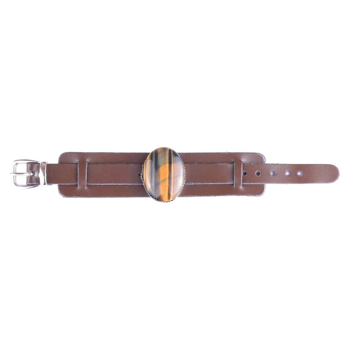 KAMBO Natural Tiger Eye Genuine Leather Cuff Bracelet for Men, Stone in 925 Sterling Silver Frame, Handmade Wide Wristba