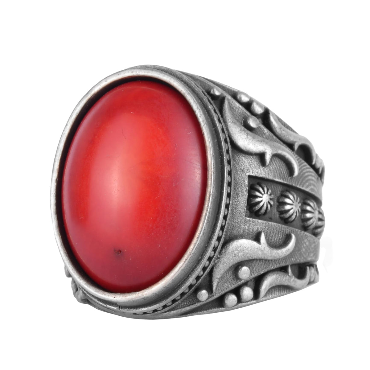 KAMBO Natural Red Coral Stone Men's Ring 925 Sterling Silver Oval Cabochon Ottoman Style Bronze Tone Handmade Ring