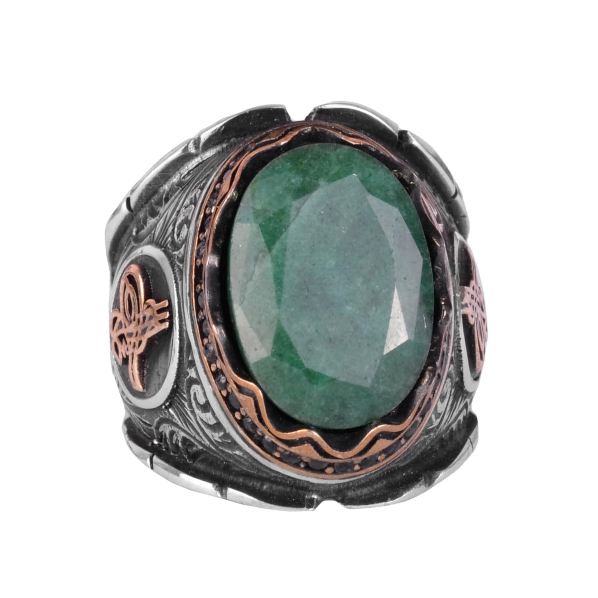 Ottoman Tugra Silver Ring, Natural Stone Ring, 925 Sterling Silver Ring (Emerald)