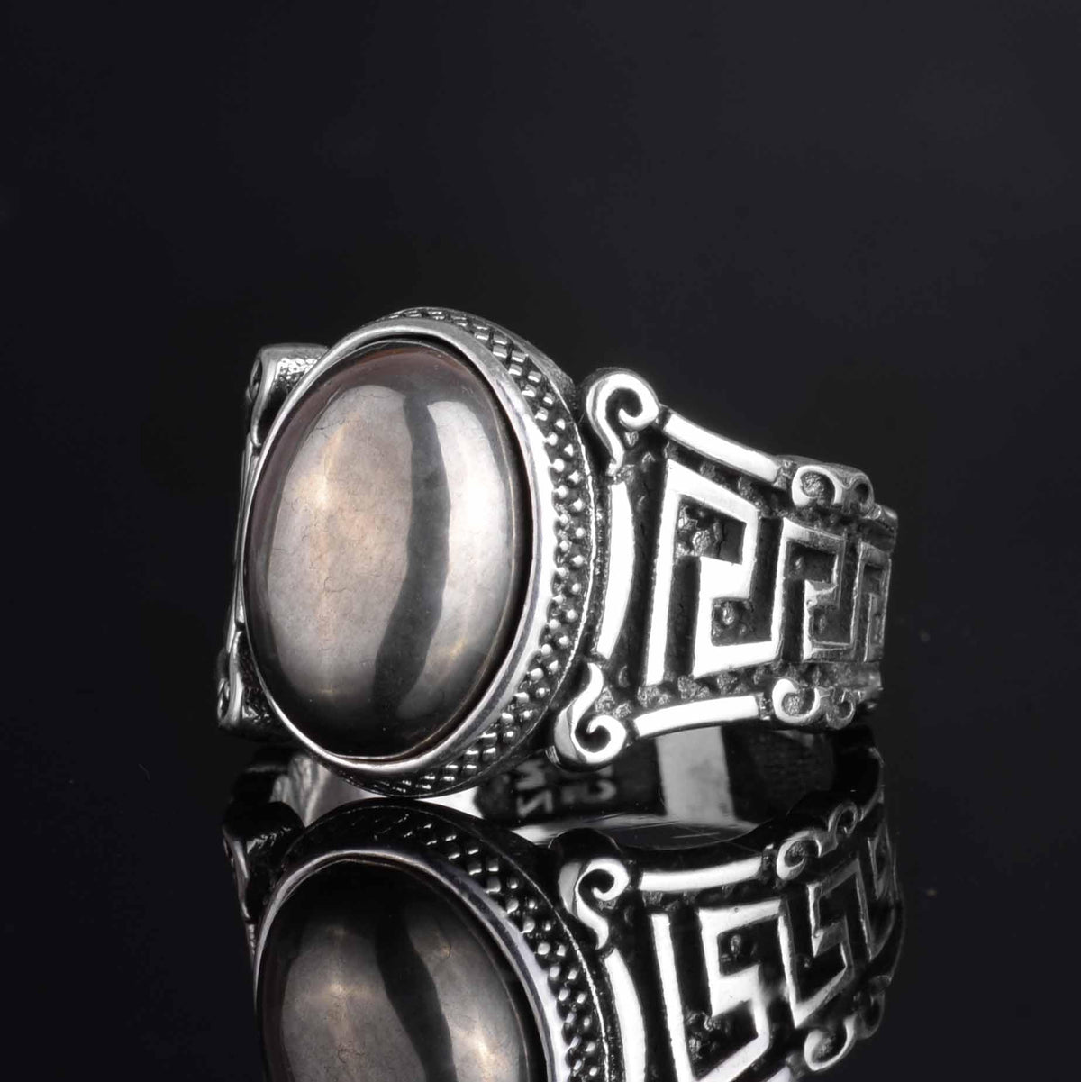 KAMBO 925 Sterling Silver Men’s Ring with Pyrite – Handmade Vintage Labyrinth Pattern Statement Ring