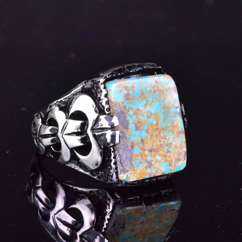 KAMBO Handmade 925 Sterling Silver Men's Ring with Genuine Natural Turquoise Rectangular Stone, Vintage Gemstone Stateme