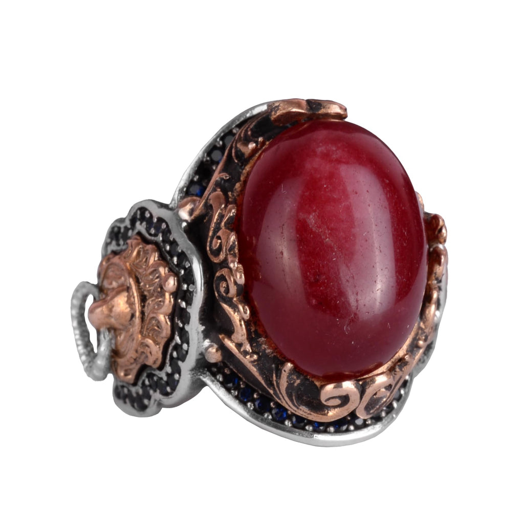Natural Cabochon Ruby Stone Ring, Handcrafted Lion Head Men's Ring - 925 Sterling Silver