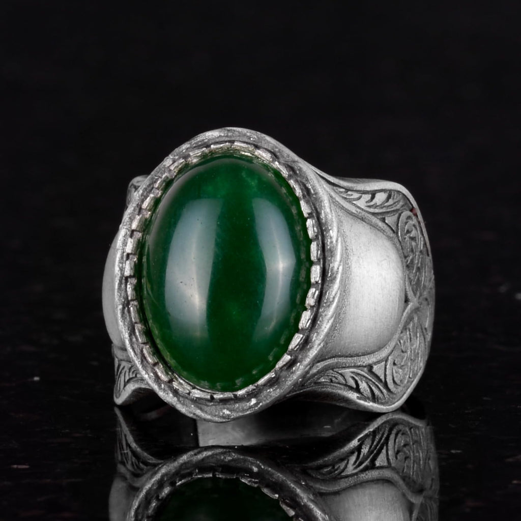 Natural Stone Ring, 925 Sterling Silver Ring (Jade) — 6