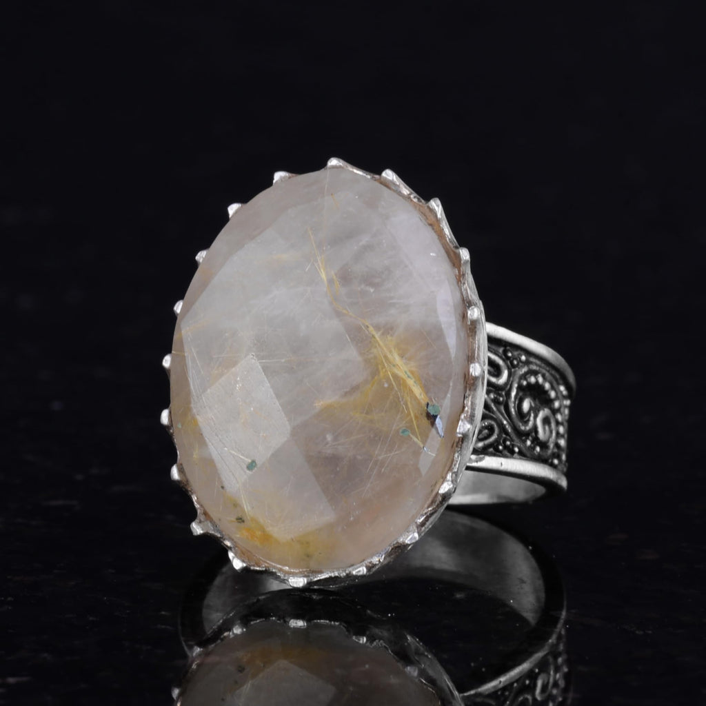 Natural Stone Ring - 925 Sterling Silver Big Ring - Handmade Ring (Golden Rutilated Quartz) — 6