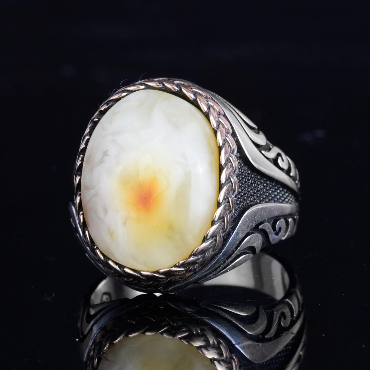 KAMBO Men's Natural Baltic Amber Stone Ring – 925 Sterling Silver Handmade Statement Ring – Authentic Amber Jewelry with Ottoman Style Details (Style-5) — 6