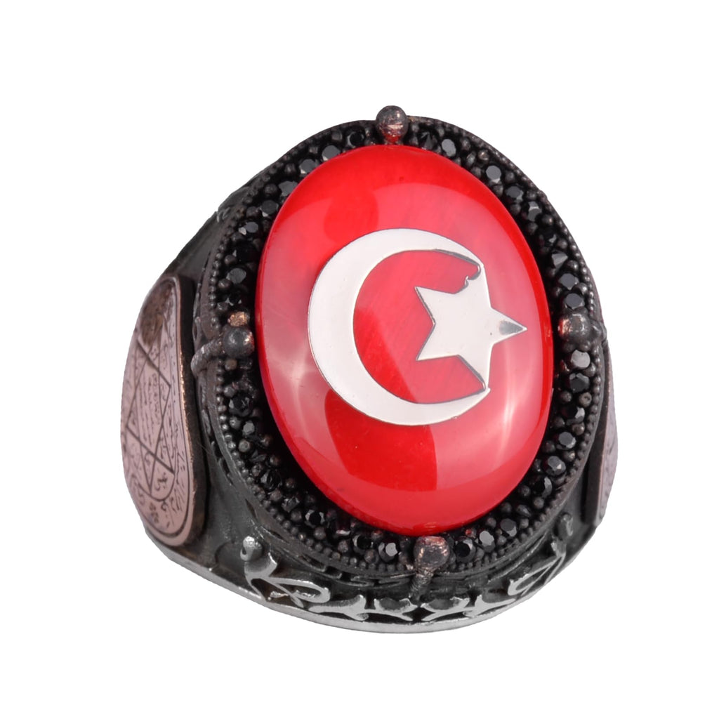 Star and Crescent Pattern Ring - Handmade Ring - 925 Sterling Silver Men's Ring