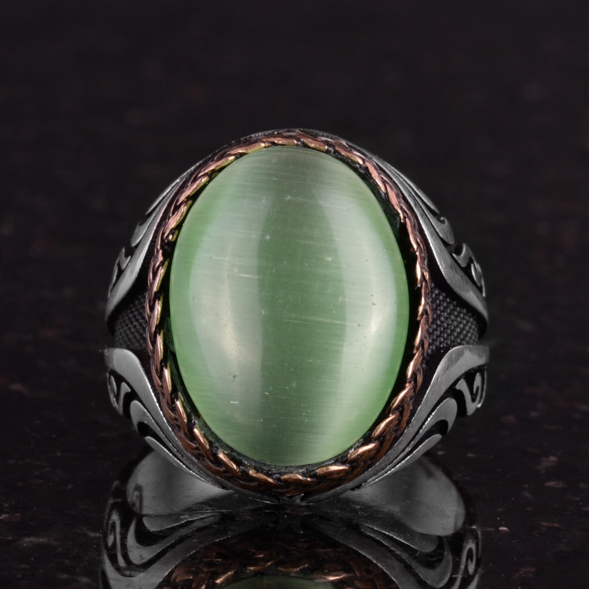 925 Sterling Silver Ring - Artificial Stone Silver Ring - Handmade Ring (Light Green Cat's Eye) — 4