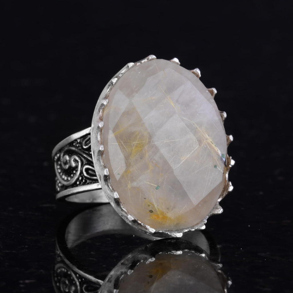 Natural Stone Ring - 925 Sterling Silver Big Ring - Handmade Ring (Golden Rutilated Quartz) — 5